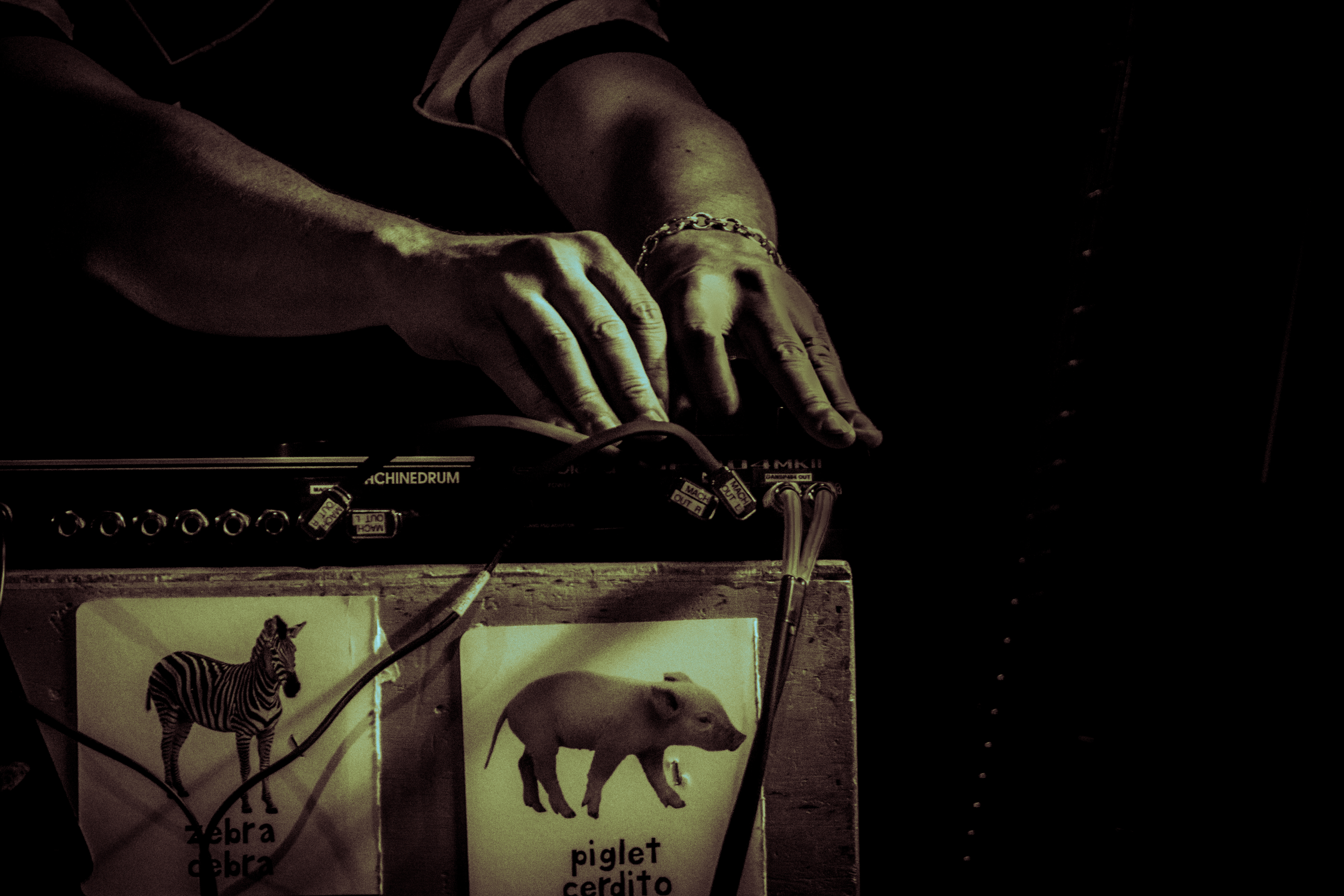 Dijon band member Daniel Aged fiddling with gear on stage
